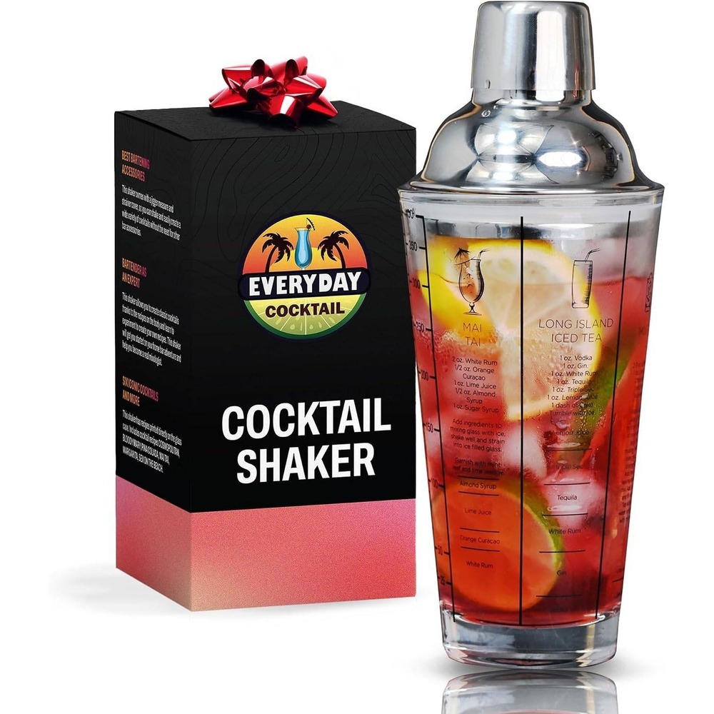 NEW Everyday Cocktail Glass Shaker 14oz Martini Shaker with Recipes & Measures